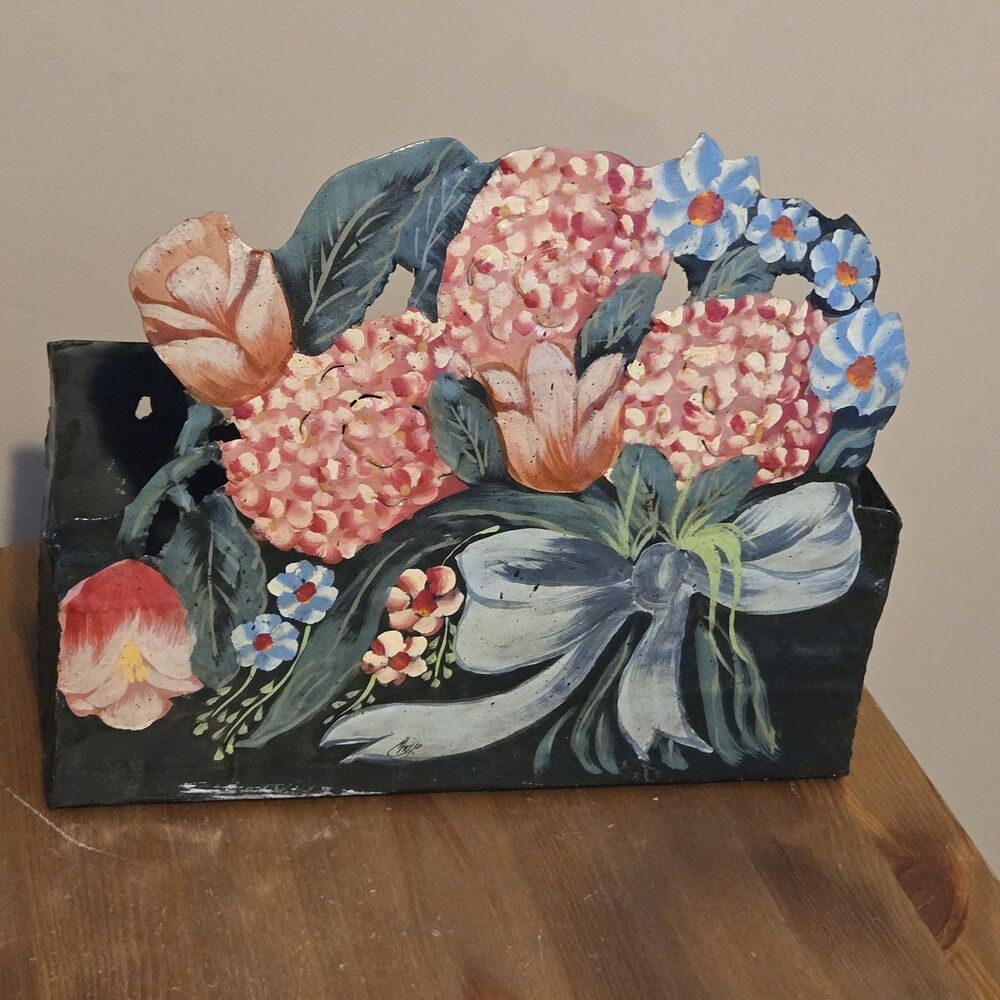 Vintage Hand Painted Metal Floral Wall Planter, India 12 x 10